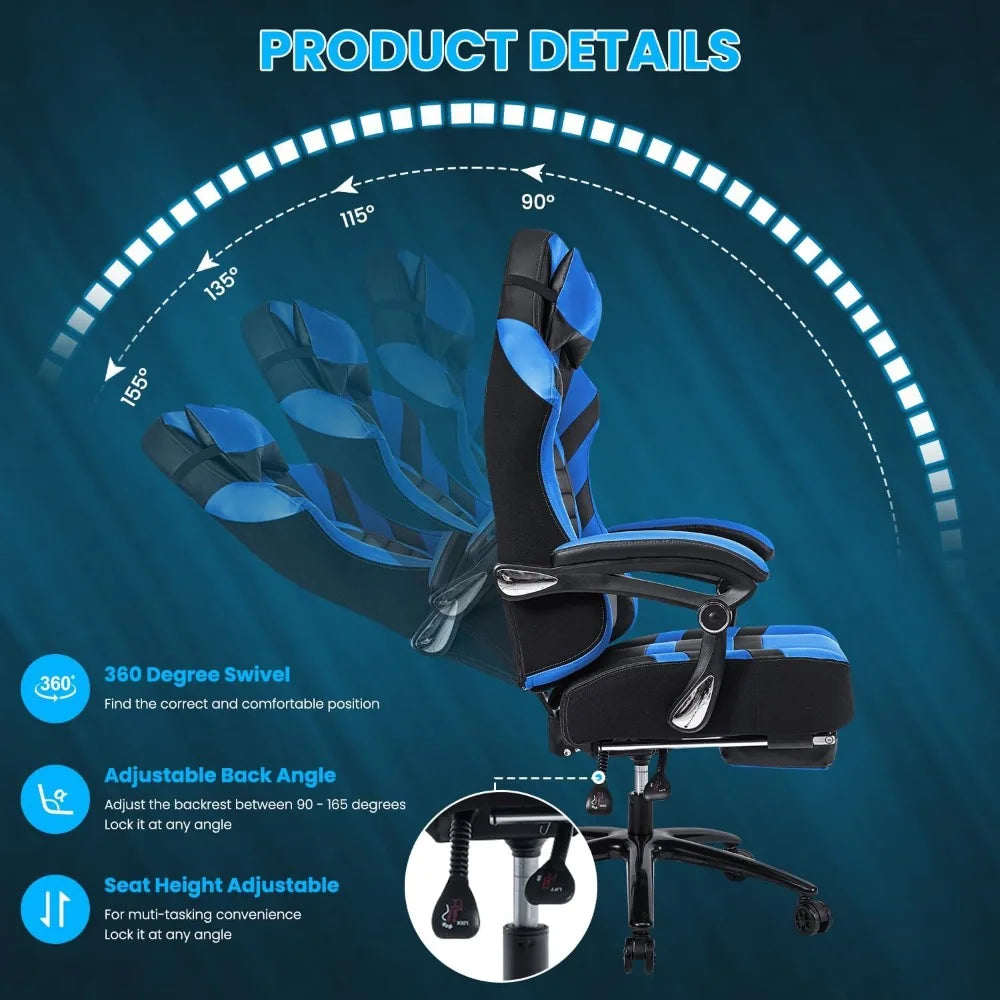 Big & Tall Gaming Chair with Footrest, 400lb Capacity, Massage Feature, Memory Foam, Adjustable Tilt, High Back Leather, Ergono