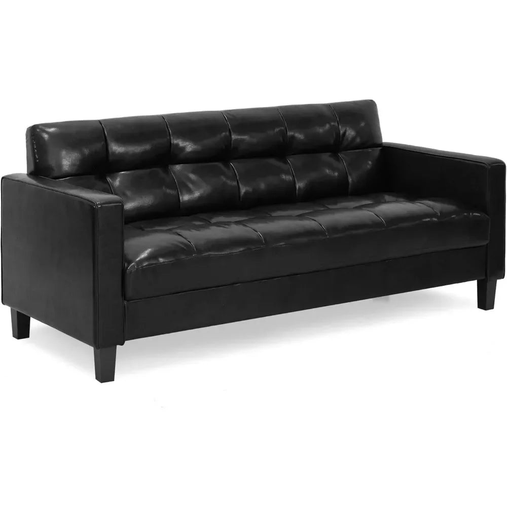 Black Contemporary Tufted Faux Leather Sofa Couch - Living Room Furniture with Sleek Design