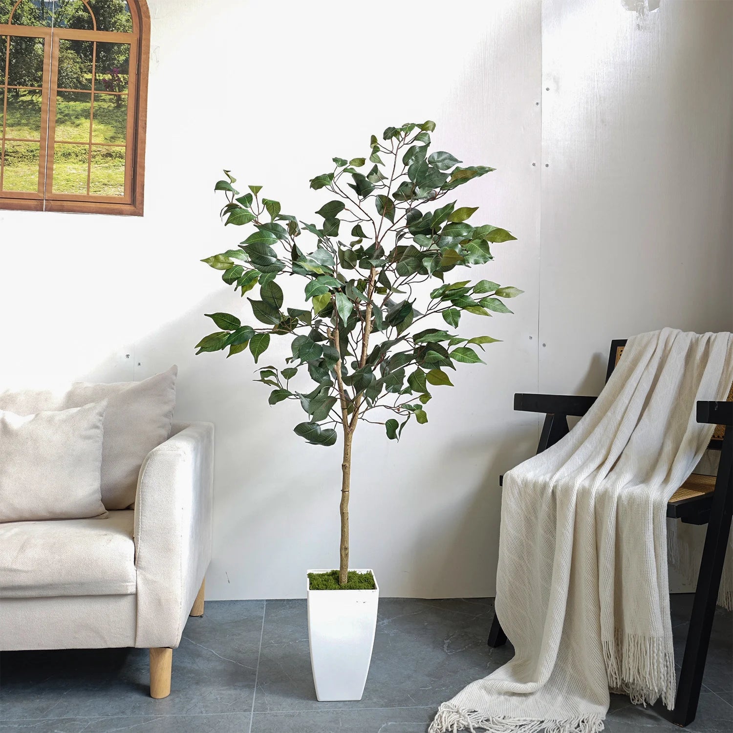 4.27ft Artificial Ficus Banyan Tree with Plastic Pot morden Indoor ornament fake plant for home Garden balcony living room decor