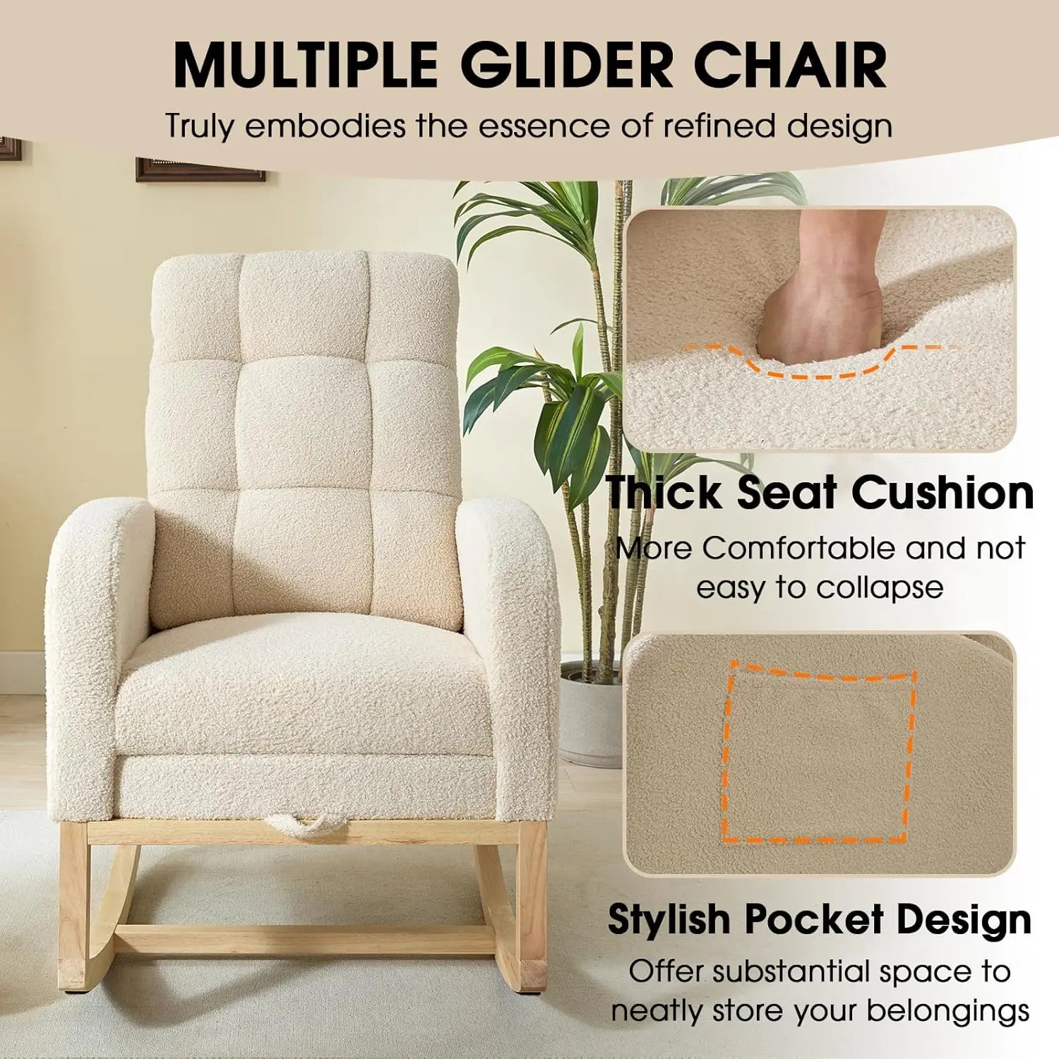Modern Teddy Rocking Chair with Footrest & Side Pocket, Apricot Nursery Rocker for Living Room, Bedroom, Nursing Room