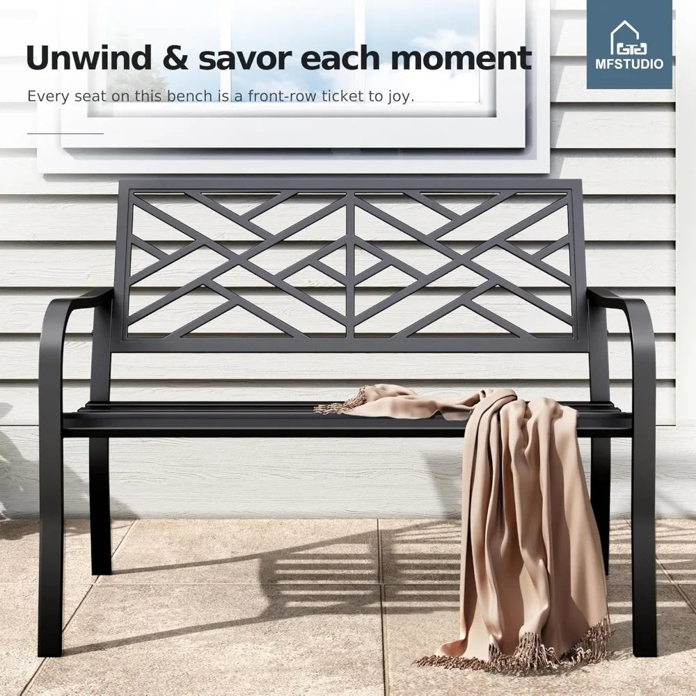 7 Inches Outdoor Garden Bench,Cast Iron Metal Frame Patio Park Outside Benches with Geometric Pattern Backrest for Front Porch