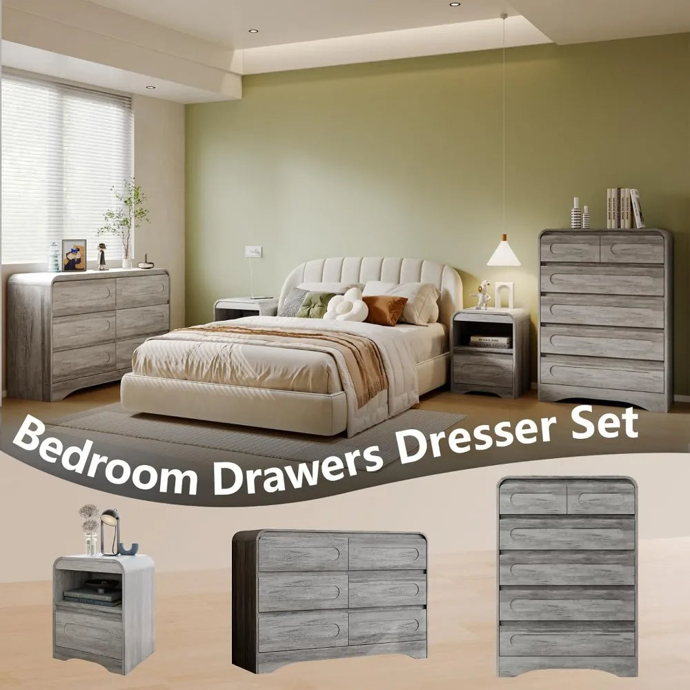 Grey Dresser for Bedroom with 6 Drawers, Tall Dressers & Chest of Drawers with Curved Profile Design, Farmhouse Wood Closet Clot