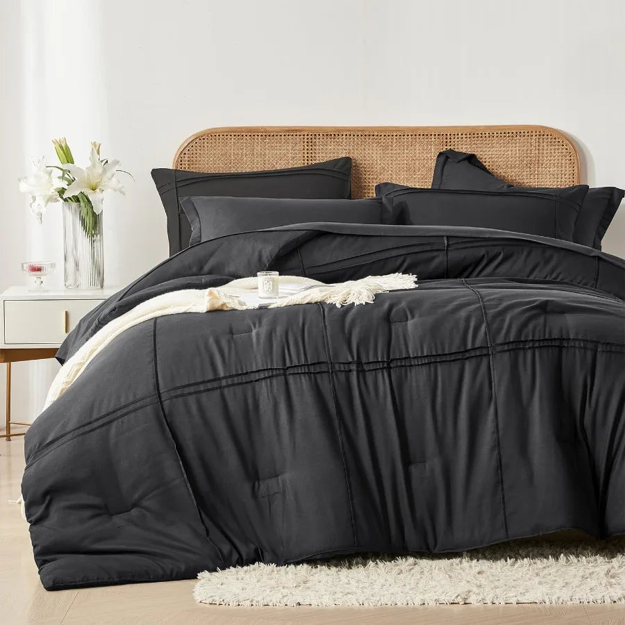 King Size Bed in a Bag 7 Piece Comforter Set with Striped Textured Soft Black Microfiber Comforter and Sheet Set All Season