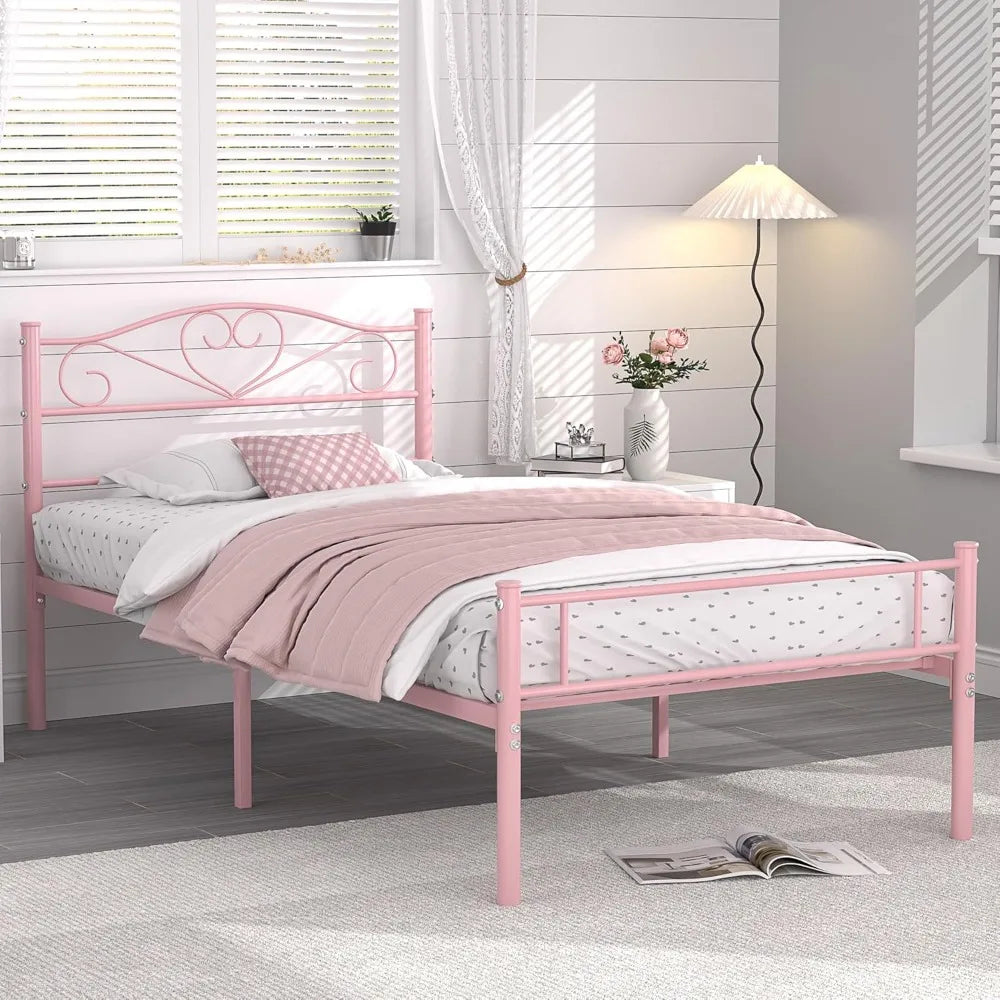 14″ Twin Metal Platform Bed Frame with Headboard – Heavy-Duty Support (Pink)