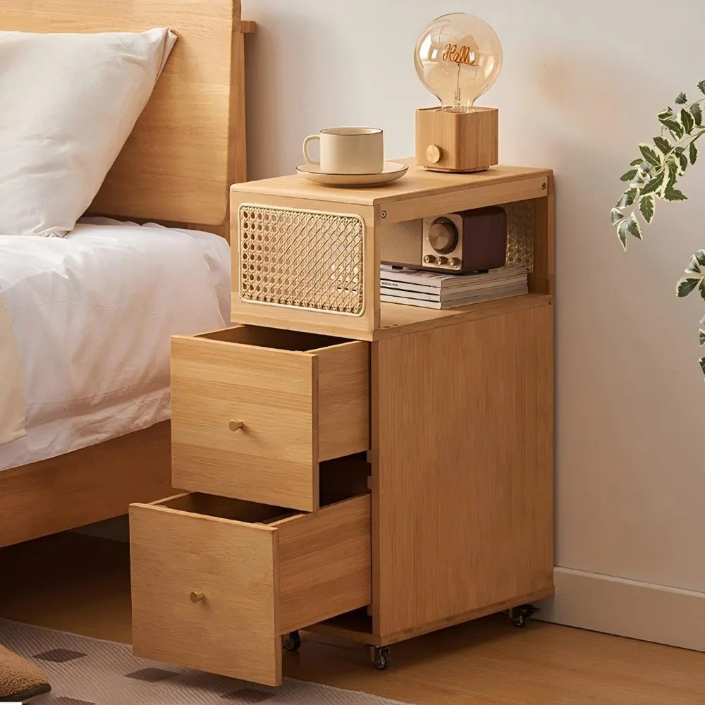 Slimline Bedside Table with Rattan Drawer and Open Storage for Coffee and Nighttime Use