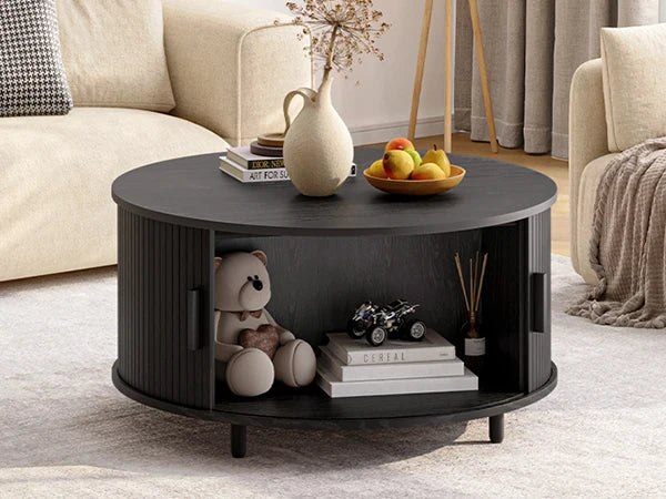 Round Coffee Table with Storage – 31.5” Modern Fluted Coffee Table with 360° Curved Sliding Door