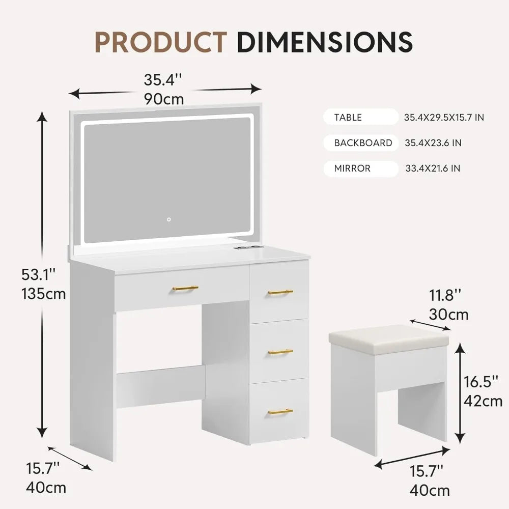 Modern White Makeup Vanity Set with LED Mirror Charging Station 4 Drawers Storage Stool 3-Foot Bedroom Desk