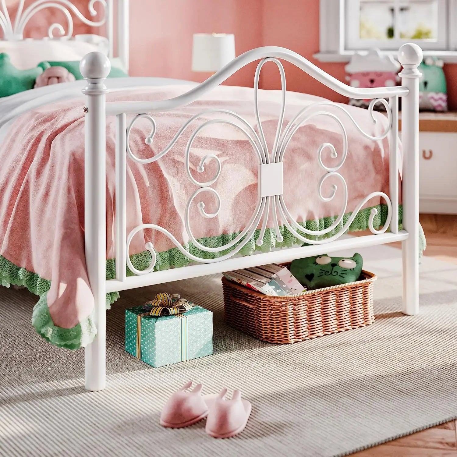 Twin Size Kids Metal Bed Frame – Butterfly Headboard Platform Bed (White)