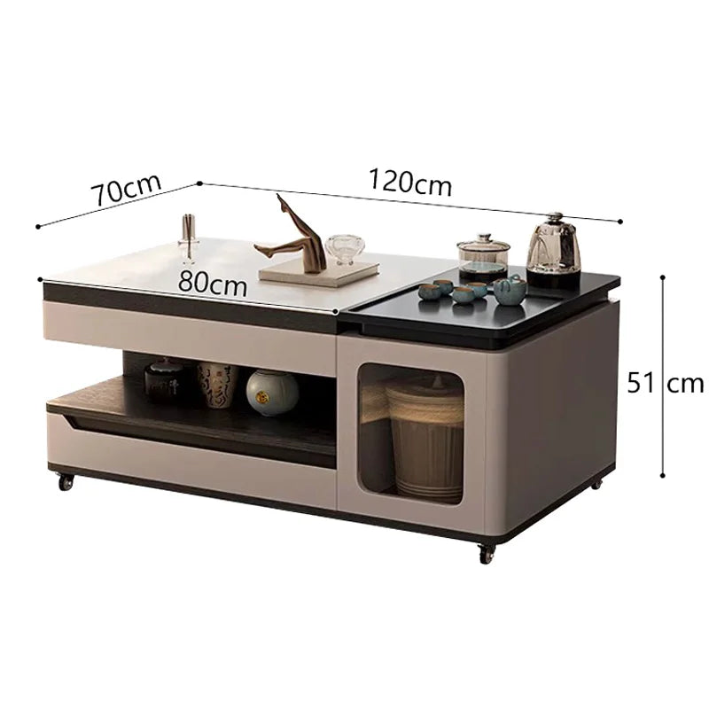 All-in-One Mobile Tea Table with Casters – Modern Coffee Table with Hidden Storage