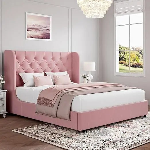 Velvet Upholstered Platform Bed Frame with Headboard – Curved Wingback Design