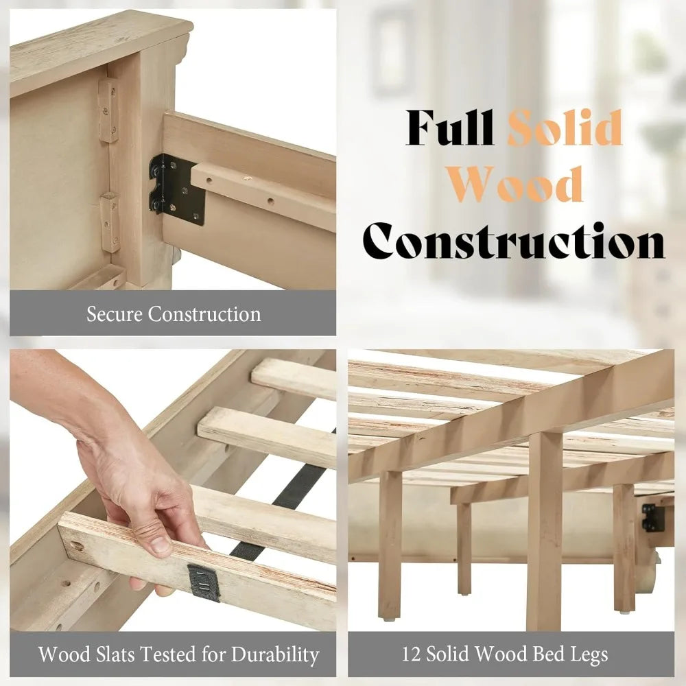 King Size Solid Wood Farmhouse Bed Frame – Upholstered Headboard, Architectural Design