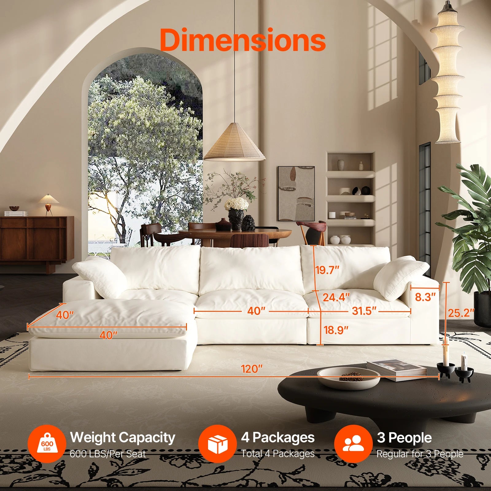 Comfy Cloud Couch 120'' Modern Sectional Sofa for Living Room Down Filled Couch with Ottoman U Shaped 5 Seater Convertible Sofa