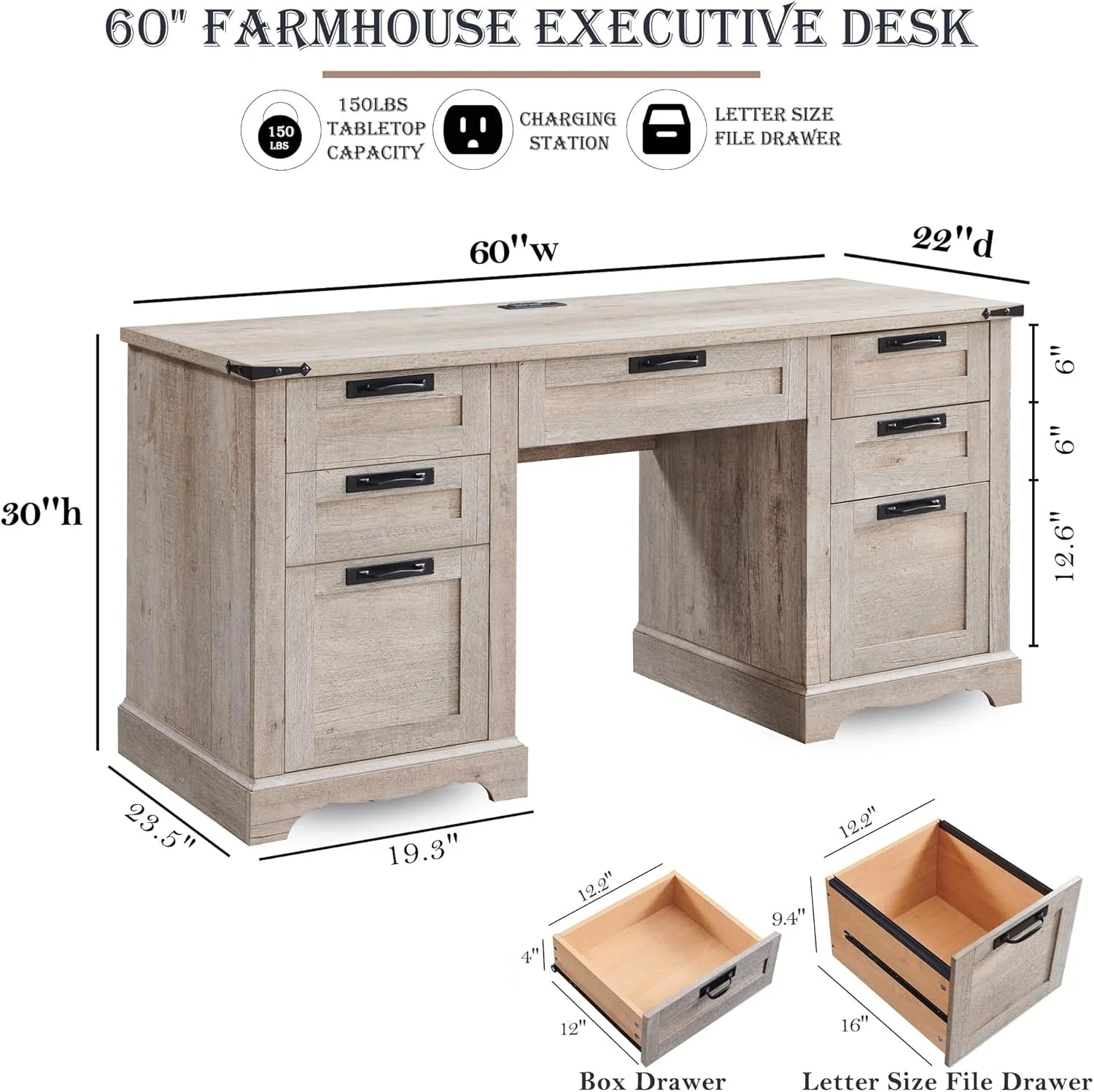 Farmhouse Executive Desk with Drawers, Wood Home Office Desk w/Charging Station, Keyboard Tray, File Drawer, Storage Cabinet