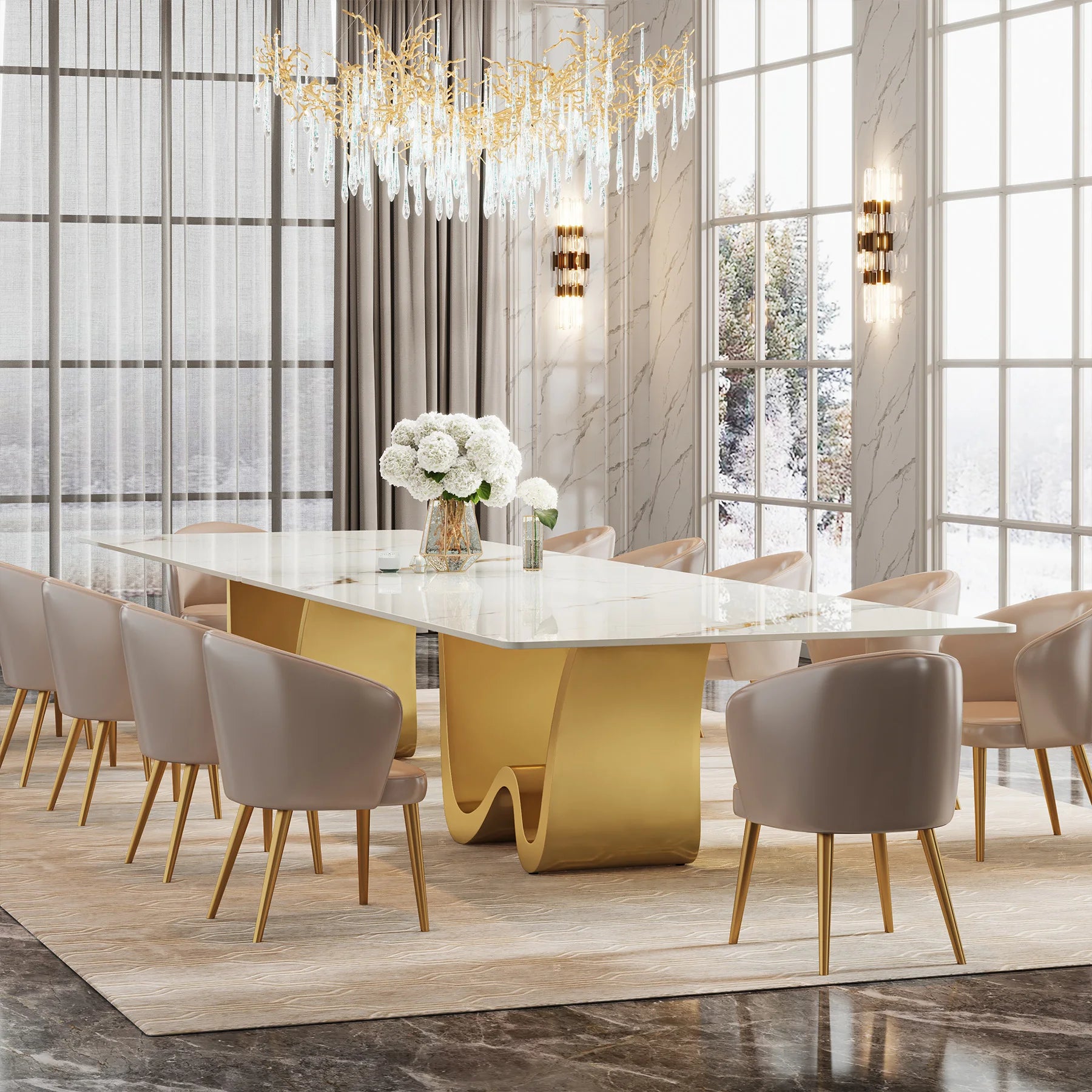 Tribesigns 78.74" Sintered Stone Dining Table for 6-8, Modern Rectangle Dining Table, Luxury White & Gold Kitchen Table