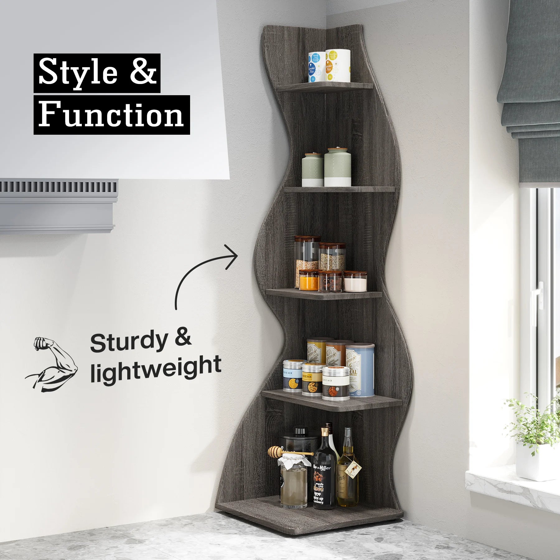Tribesigns Modern 5-Tier Corner Bookshelf – Wall Corner Storage Rack & Plant Stand