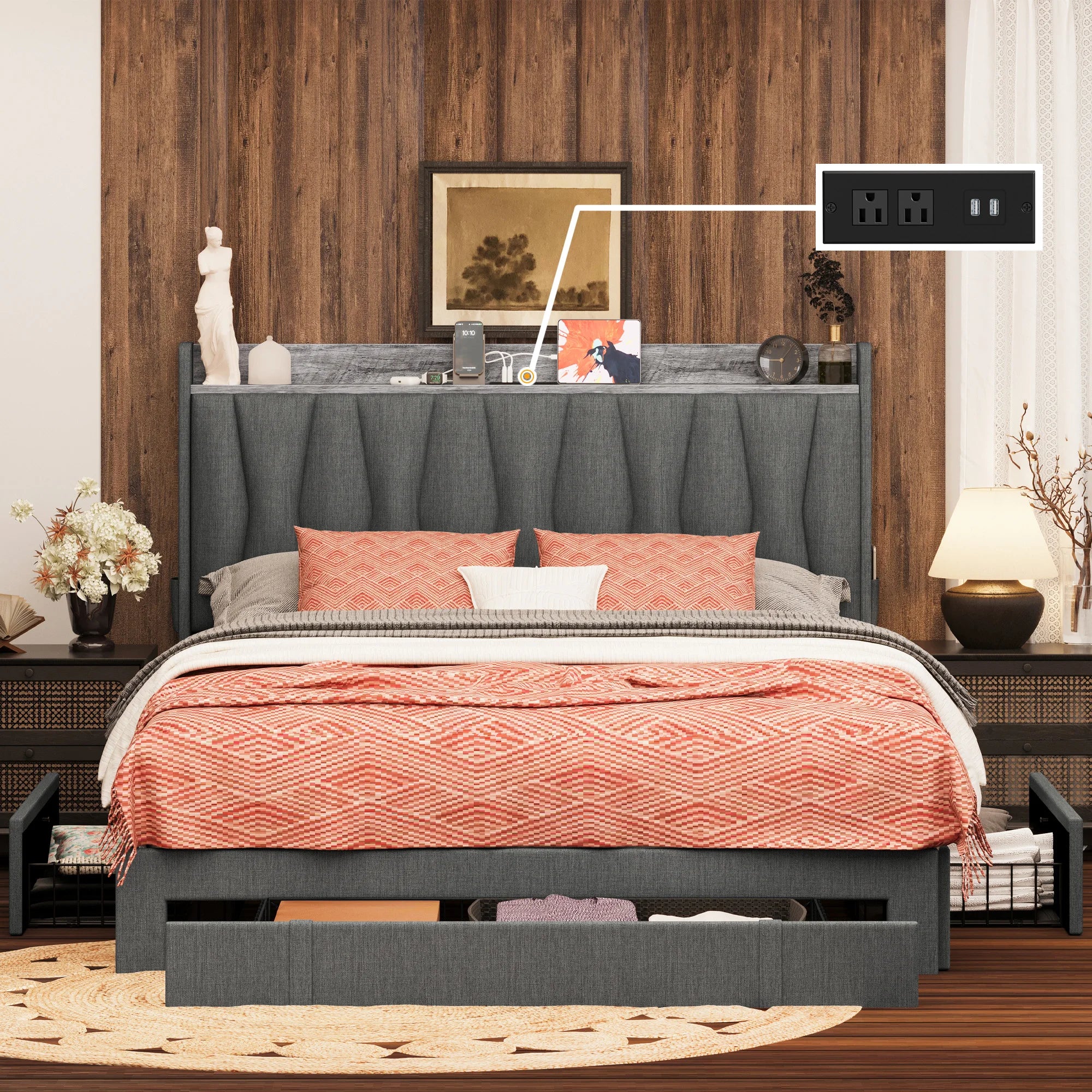 Upholstered Platform Bed Frame with 3 Storage Drawers – Storage Headboard & Charging Station