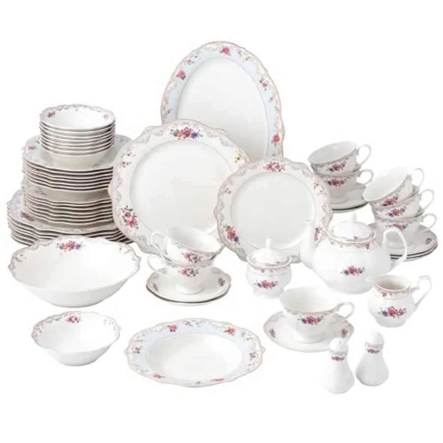 57-Piece Bone China Dinnerware Set – Floral Blue and Gold Trim Service for 8