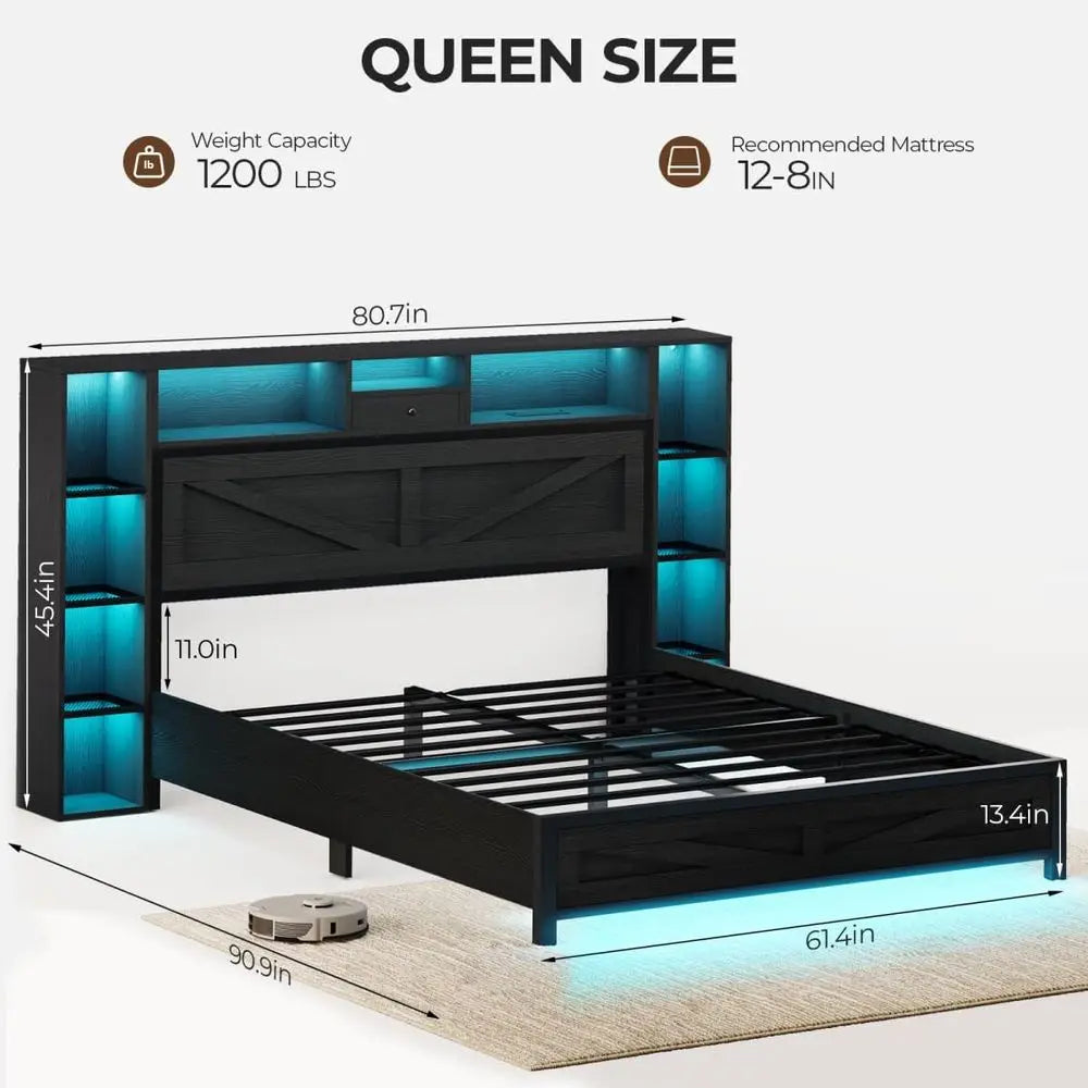Queen Size Black Farmhouse Bed Frame – Bookcase Headboard with Storage, LED Lights & Charging Station