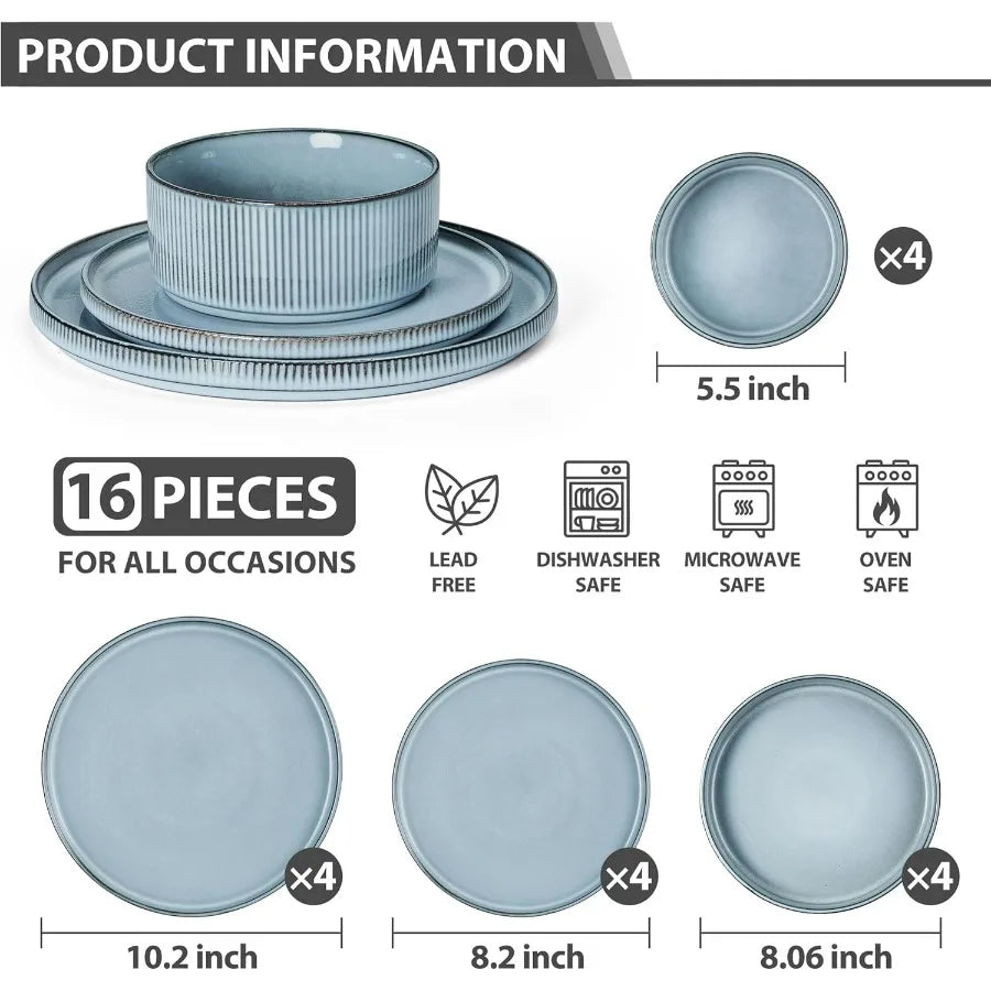 Dinnerware Stoneware Sets with Pasta Bowls 16 Piece Plates and Bowls Set for 4 Ribbed Dishes Set for Home Microwave and Dishwas