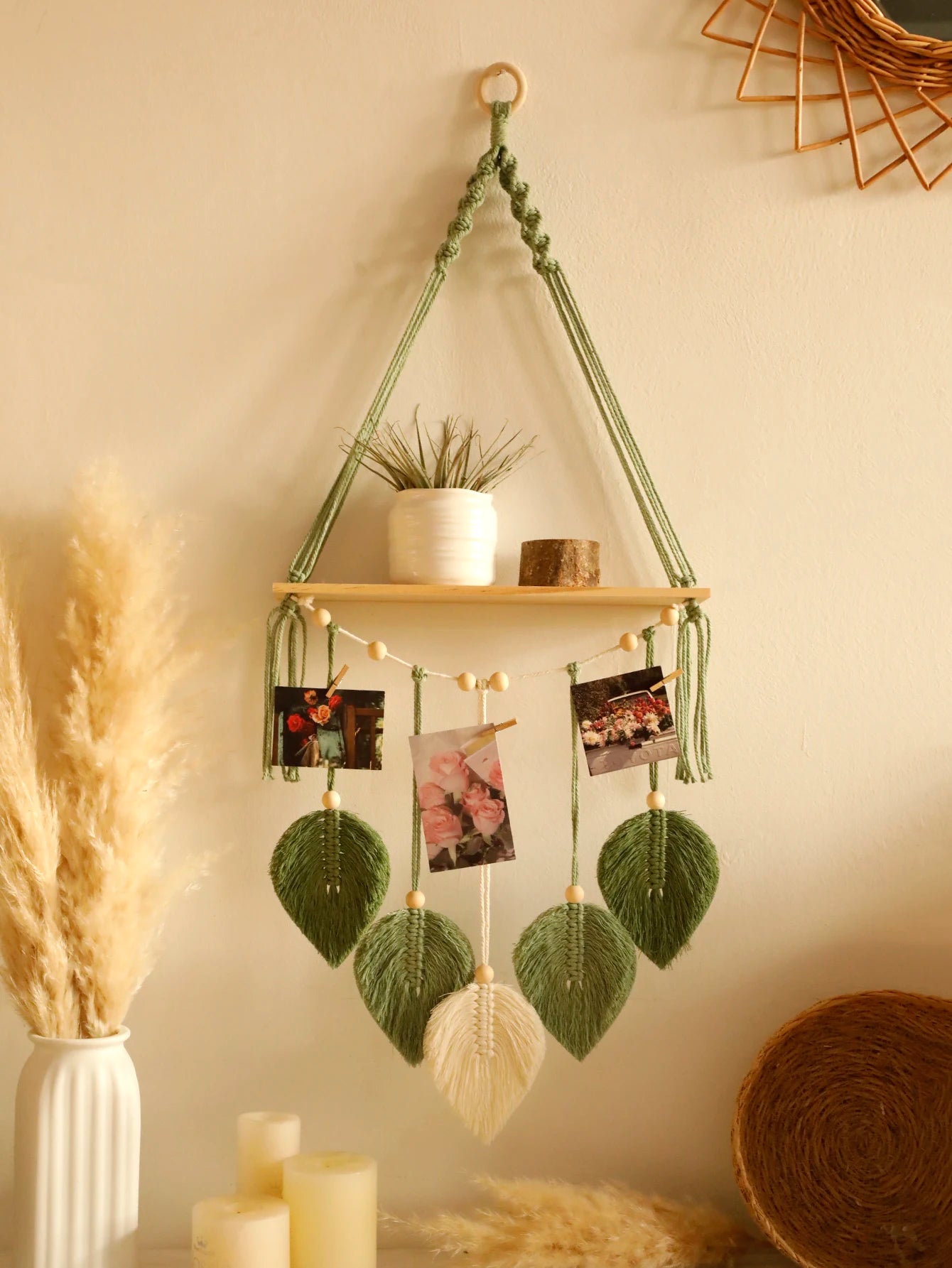 Leaf Macrame Floating Shelf Tapestry Art Hand Boho Home Decoration Wall Hanging Shelf for Bedroom Wall Decor Display Stand Gift