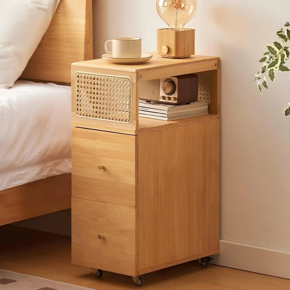 Slimline Bedside Table with Rattan Drawer and Open Storage for Coffee and Nighttime Use
