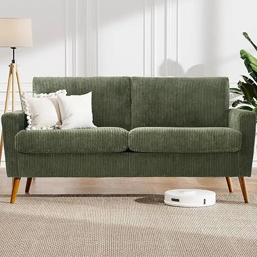 68" Loveseat Sofa Green Corduroy Couch, Mid Century Modern Love Seat Couches for Living Room, Small Loveseat for Bedroom Office