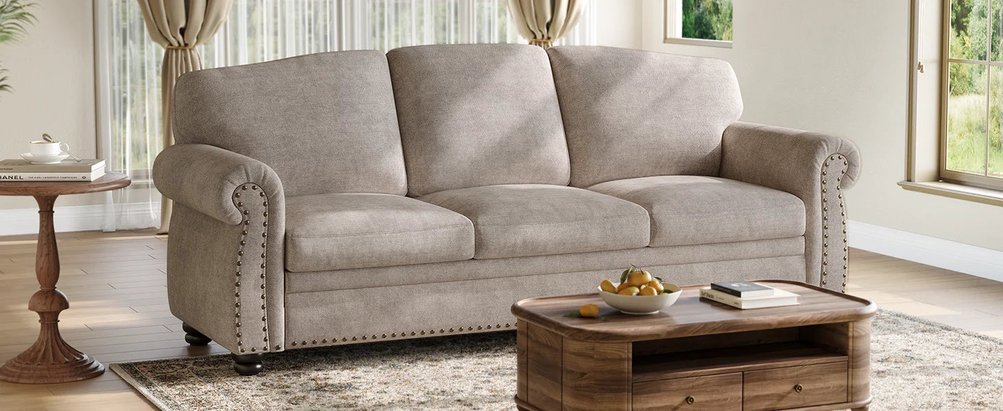 90 Inch Nailhead Trim Couch for Living Room, 23 Inch Deep Seat Rolled Arm Sofa, Comfy Upholstered 3 Seater Chenille Couch w/Wood