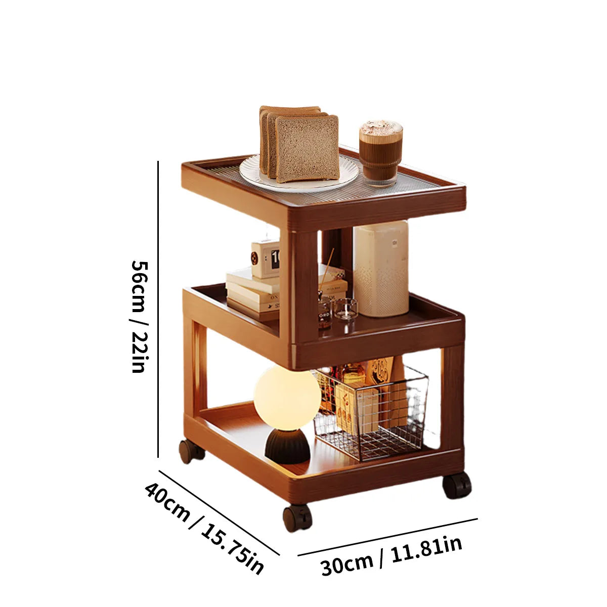 Geometric 3-Tier Bamboo Storage Side Table with Acrylic Surface & Wheels, Tea Brown Living Bedroom Furniture