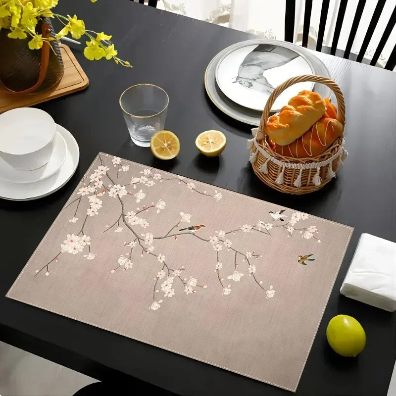 1PC Cherry Blossom Table Mats Vibrant Pink Sakura Branches With Birds Design, Durable Linen Woven Material, Perfect