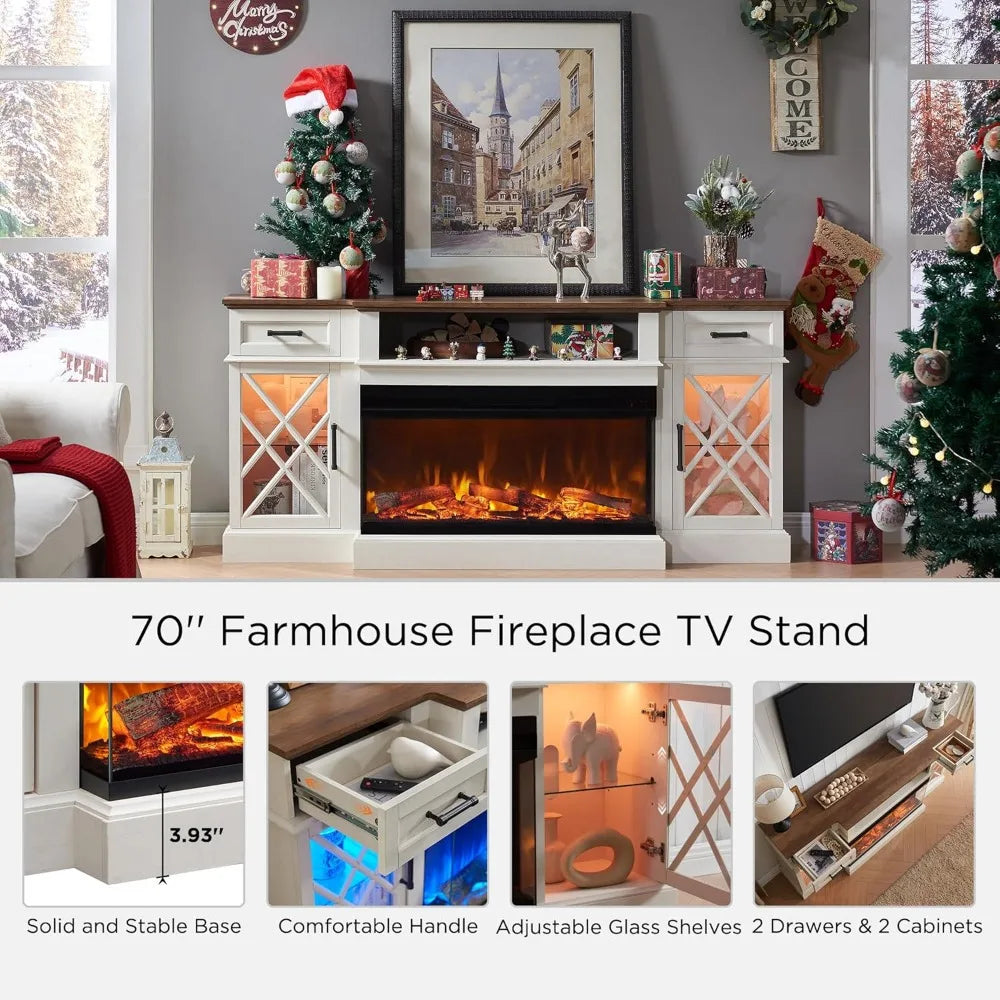 3-Sided Glass Farmhouse Electric Fireplace TV Stand for TVs up to 80'', Highboy Entertainment Center with Glass Door Storage Ca