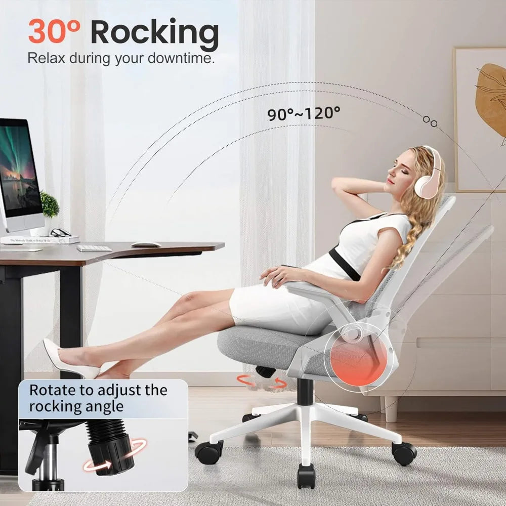 Ergonomic Office Chair with Flip-up Armrests, Breathable Mesh Back, Lumbar Support, Wide Gray Seat for Home and Gaming