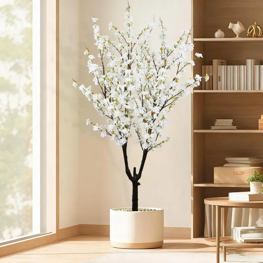 6ft 74in Tall Faux White Cherry Blossom Tree with Realistic Silk Flowers in Pot for Indoor and Outdoor Home Decor Perfect for W