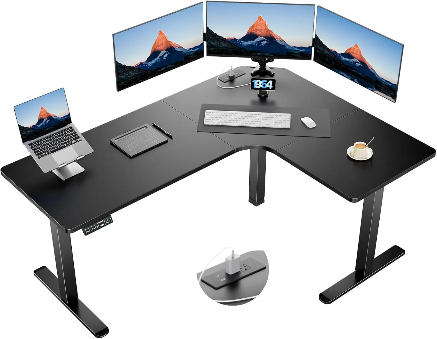 63″ Dual Motor L-Shaped Standing Desk, Built-in Power Outlets, Electric Height Adjustable Corner Computer Desk, Large Pow