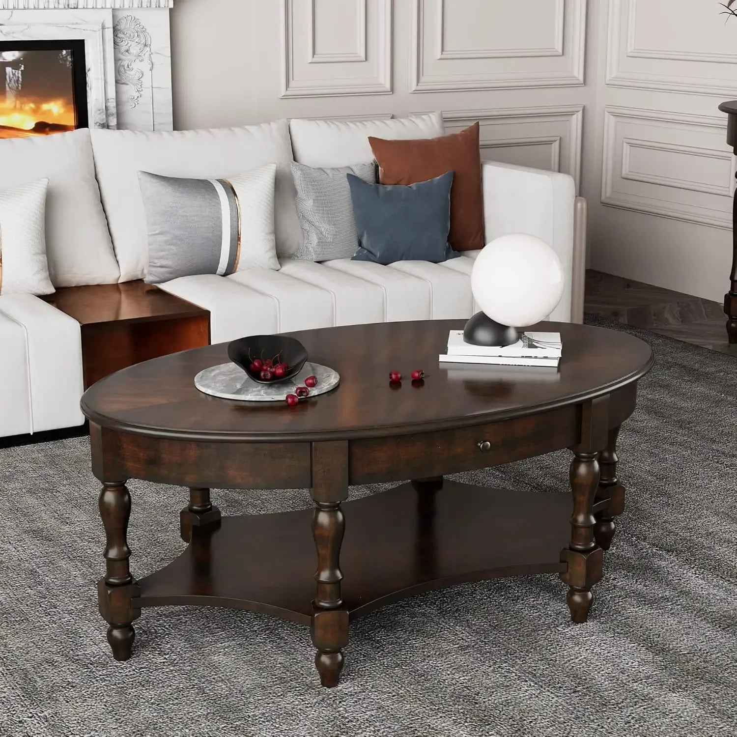 Cherry Solid Wood Oval Coffee Table – Victorian Antique Vintage Style with Storage Drawer