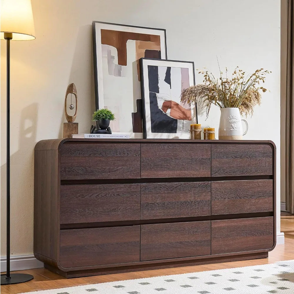 9 Drawer Double Dresser for Bedroom, Modern Curved Wood Chest Drawers of Handleless, Large Storage Dresser Bedroom, Living Room