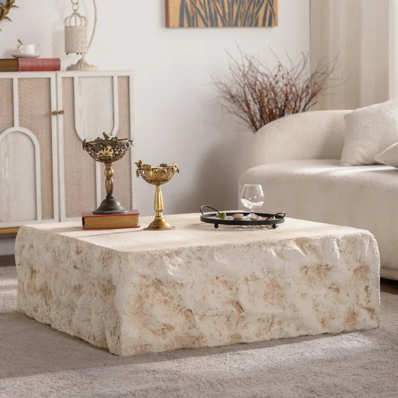 Natural Stone Square Coffee Table – Rustic Solid Stone Tea Table in White for Modern Living Rooms