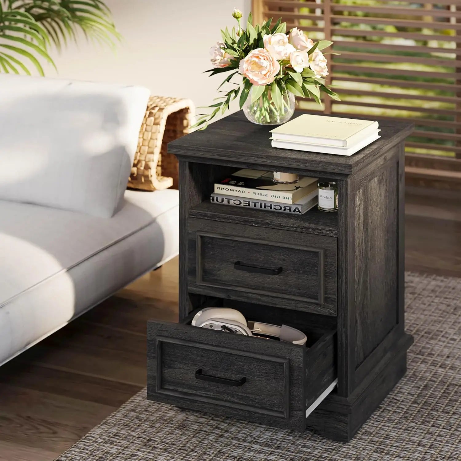 LIKIMIO Farmhouse Nightstand with Storage Drawers & Open Shelf, Small and Tables Living Room,Rustic Wood Side Tables for Bedroom