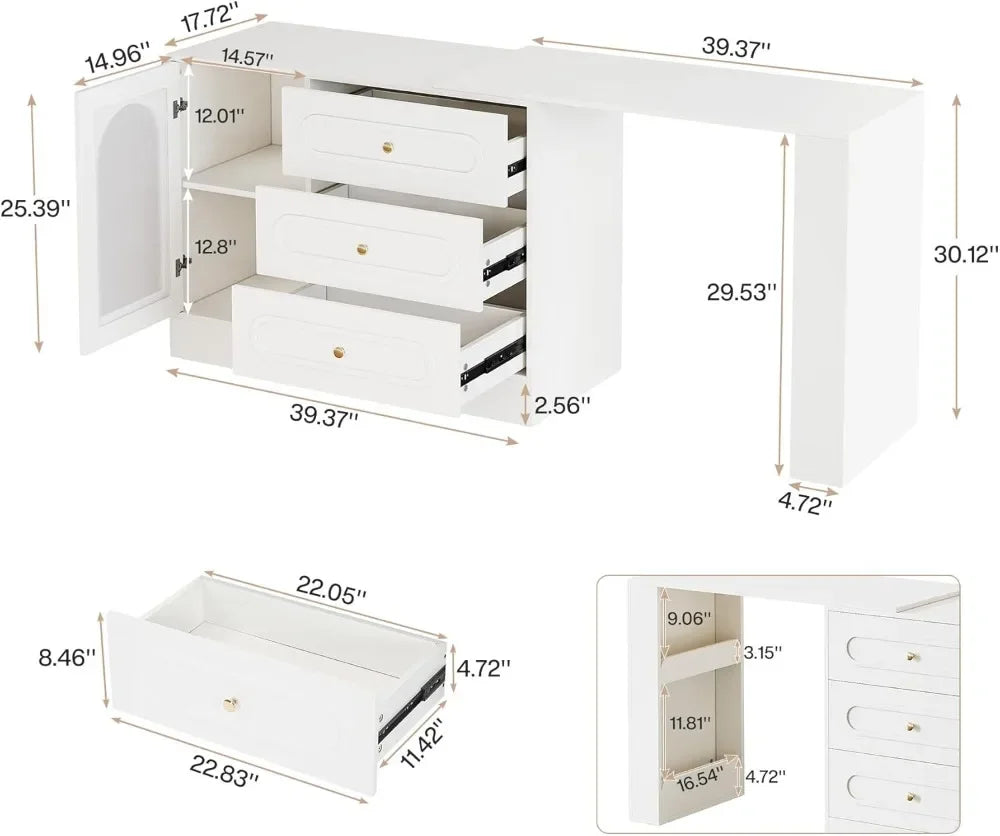 Modern L-Shaped Makeup Vanity Desk with 3 Drawers And Reversible Extendable Cabinet 78 Inch Corner Dressing Table for Bedroom