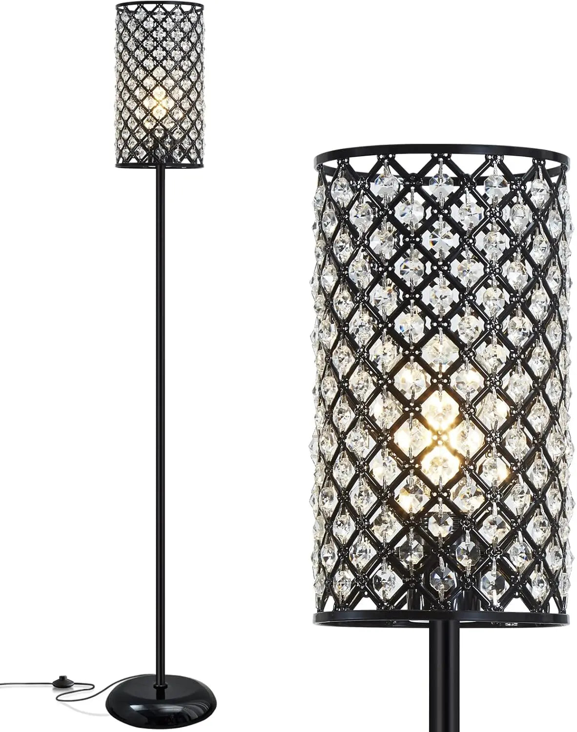 Crystal Floor Lamp, Modern Black Standing Lamp with Foot Switch, Tall Accent Light for Living Room, Bedroom, Office