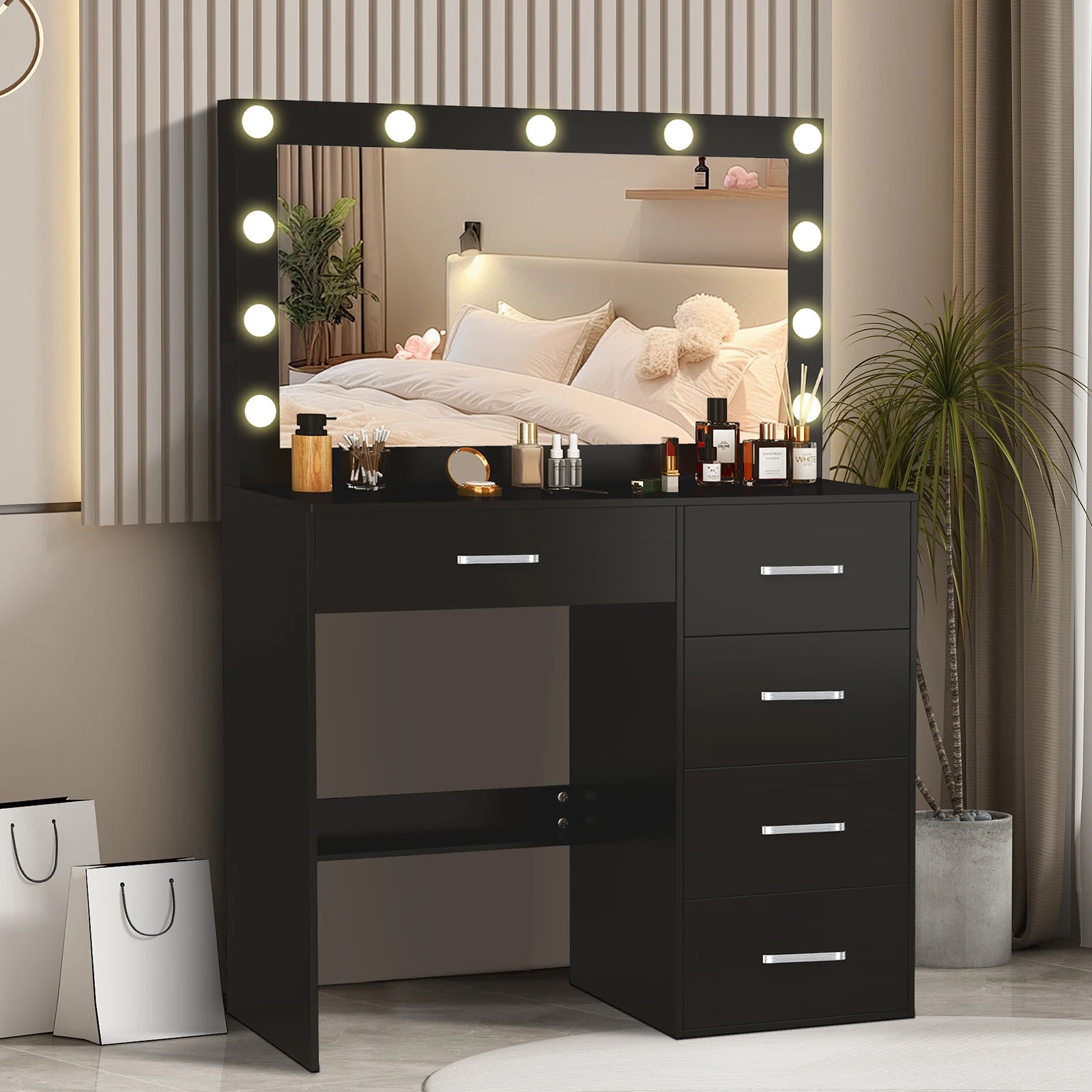 Black Vanity Dressing Table with Large Mirror 11 LED Lights Storage Drawers Bedroom Beauty Station for Women Girls Makeup Desk