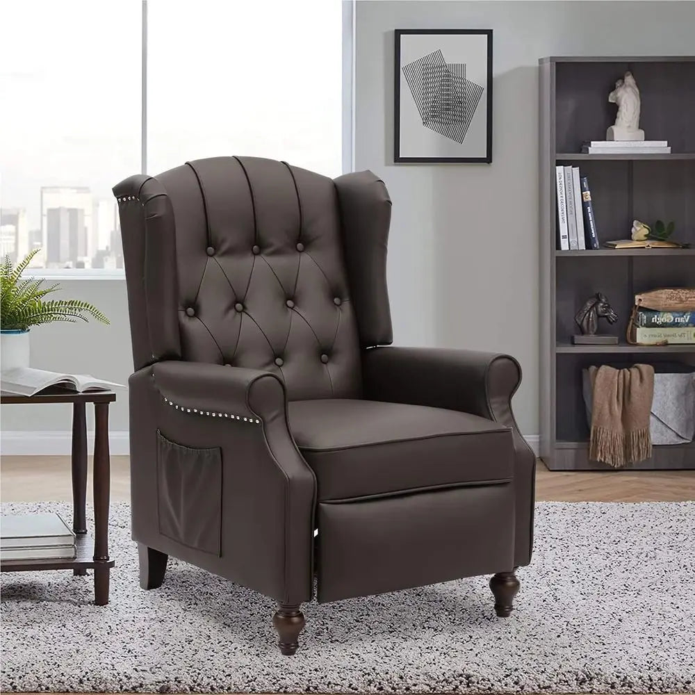 Mid-Century Style Reclining Leather Armchair with Massage and Heat Features, Brown Accent Chair with Tufted Back, Nailhead Trim,