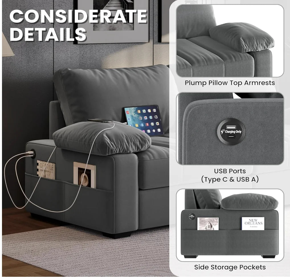 79" Sofa Couch Modern Velvet Couch with Removable Covers & USB Ports Oversized Loveseat Sofas with Storage Pockets for Living Ro