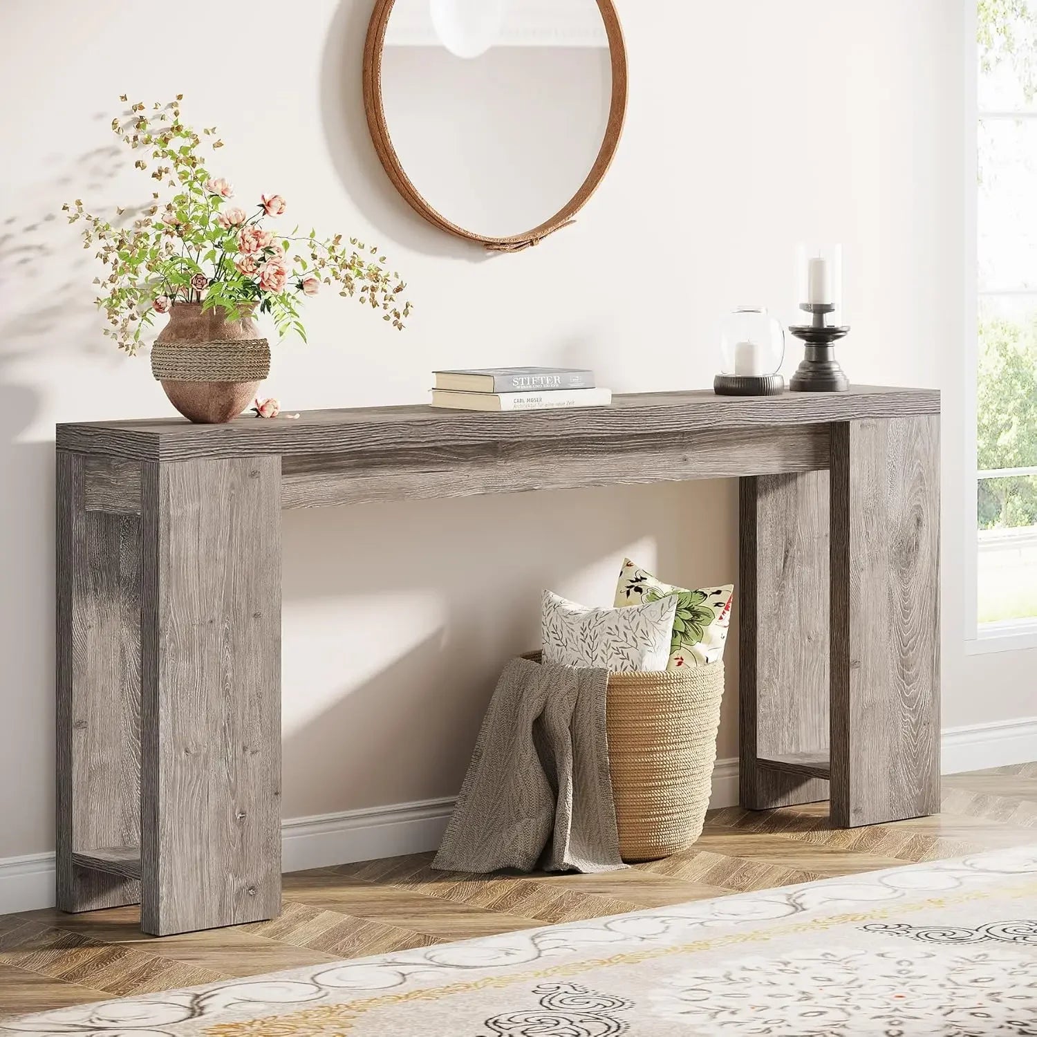 Extra Long Farmhouse Wood Console Table Sofa Table for Living Room Narrow Entryway Accent Table behind Couch