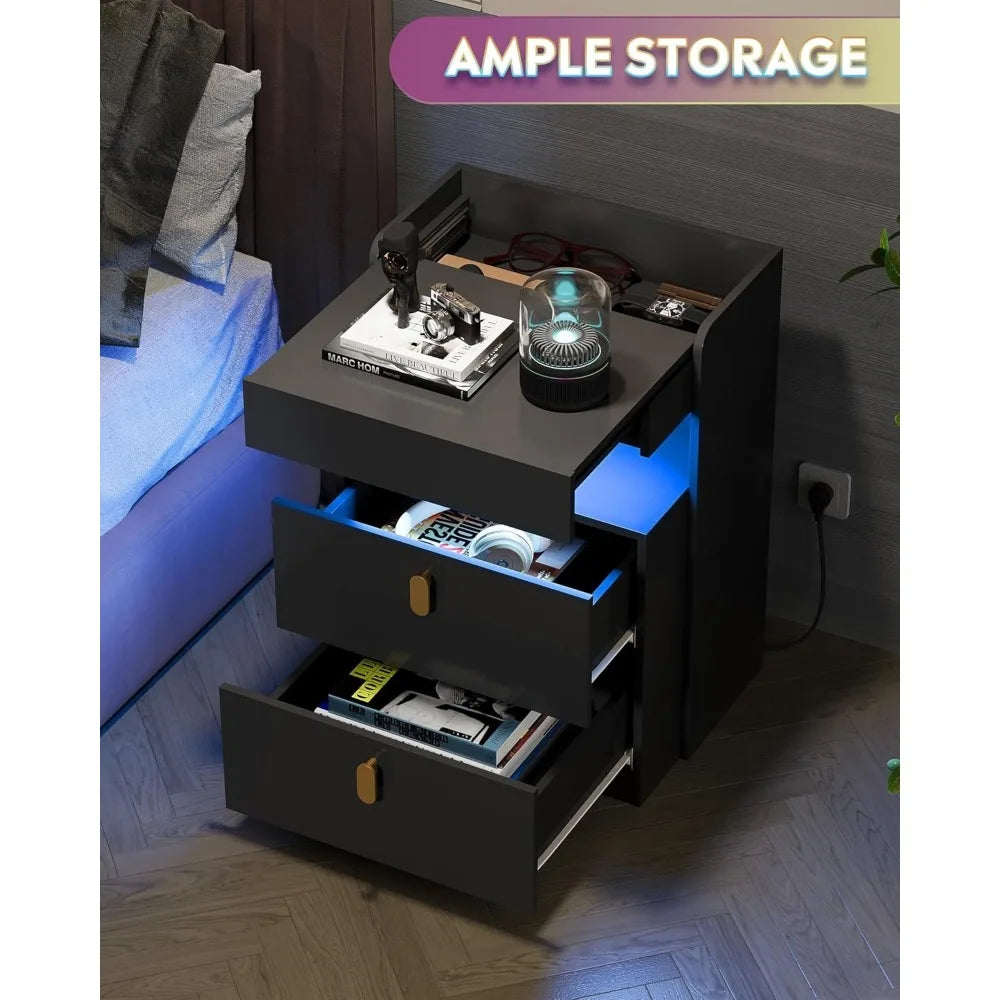 Nighstand with Charging Station, Night Stand with Sliding Top and Drawers, Modern Bedside Table End Tables with Hidden Space
