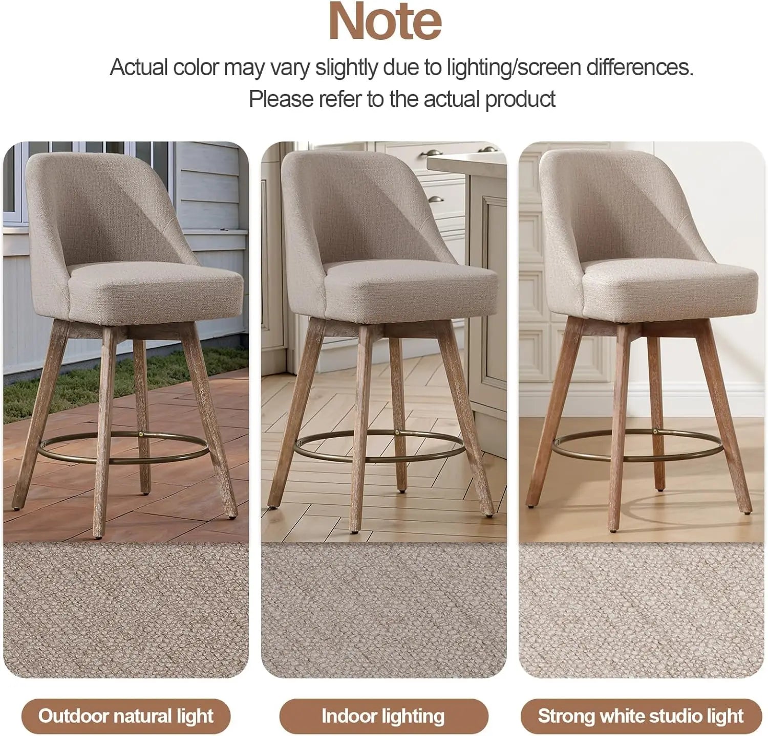 Mid-Century Swivel Counter-Height Bar Stools with Back – Linen Upholstered, Wood Legs (Set of 2)