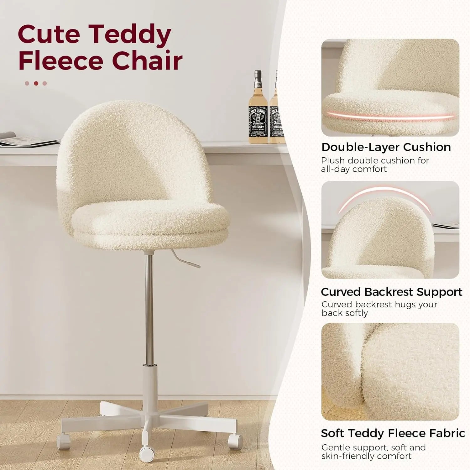 Teddy Velvet Adjustable Height Vanity Chair for Girls, Cute Armless Makeup Desk Stool with Storage