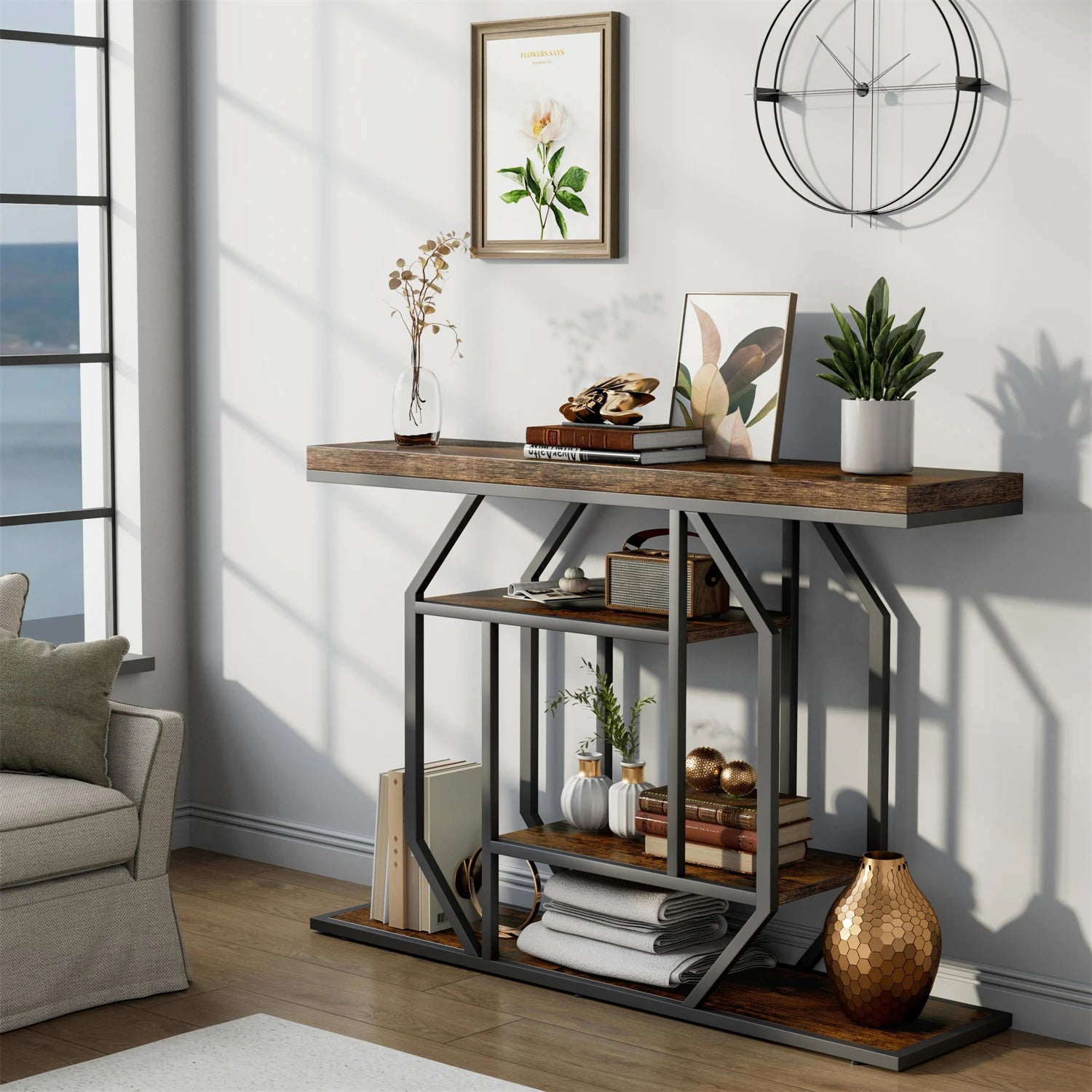 120cm Long Sofa Console Table for Entryway Living Room Sofa Storage Table with 4-tier Shelves Metal Frame