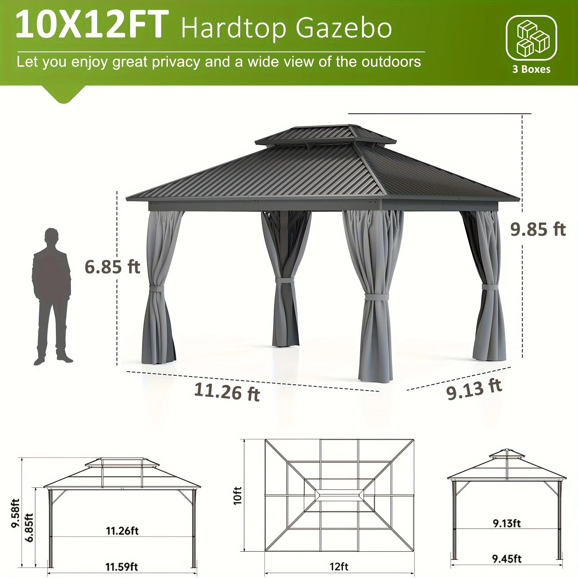 POLAR 10x12FT Hardtop Gazebo, Aluminum Frame & Galvanized Steel Roof w/ Netting Curtains All Weather Pavilion for Patio, Garden