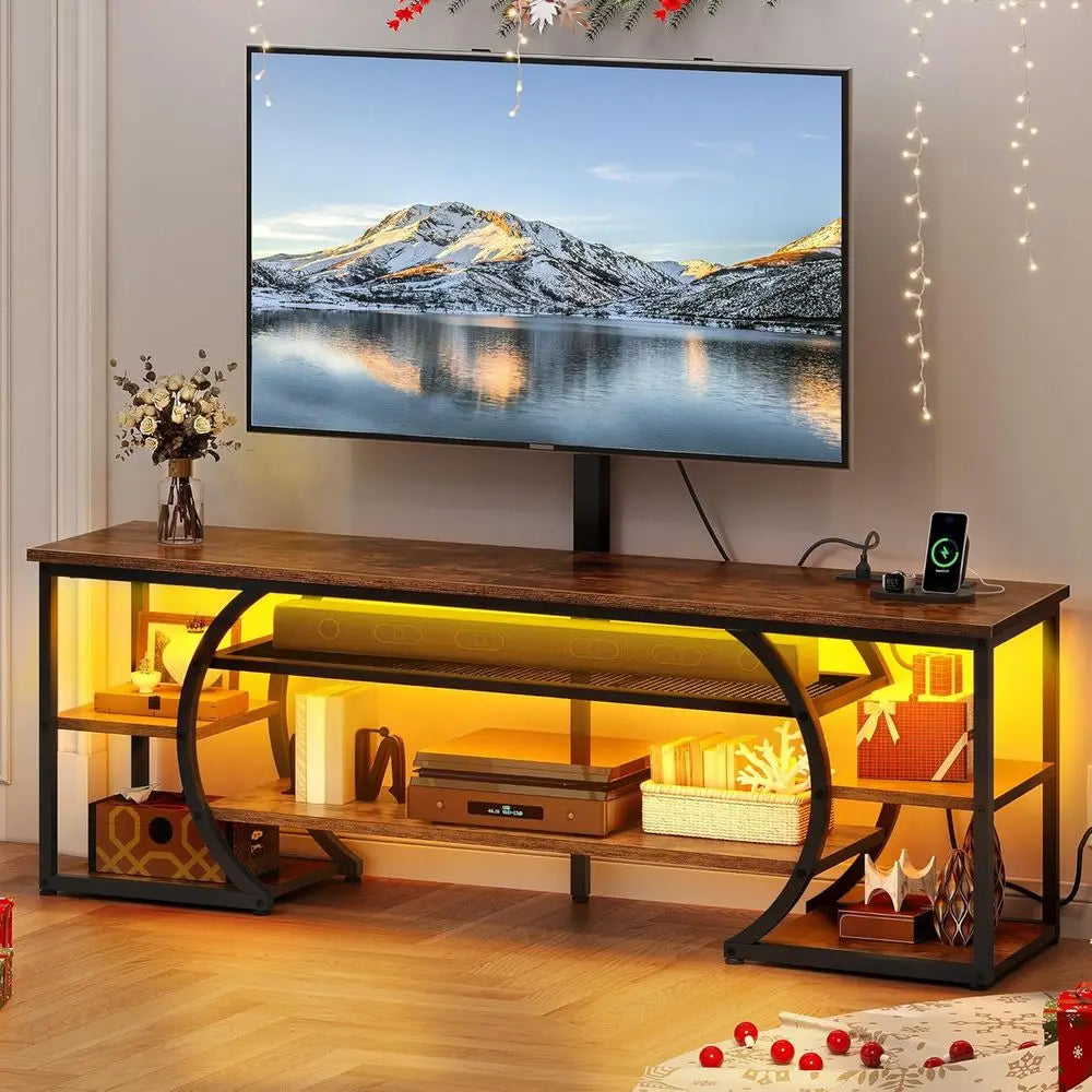 65-70 Inch TV Stand with Mount, Living Room LED TV Stands with Power Outlets, Entertainment Center, Wood TV Console Table, Rusti
