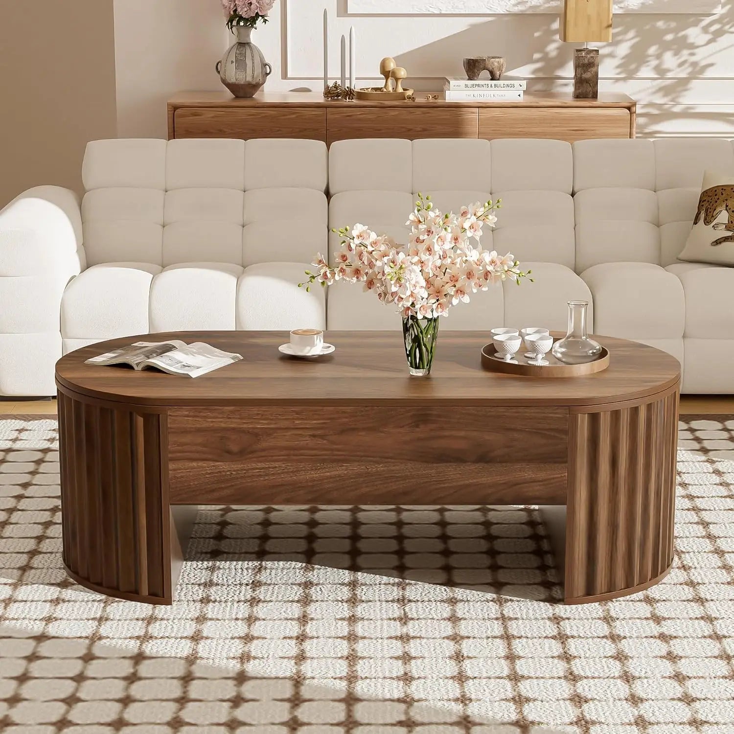 47.2” Modern Lift-Top Coffee Table – Brown Wooden Center Table with Oval Lift Tabletop & Hidden Storage